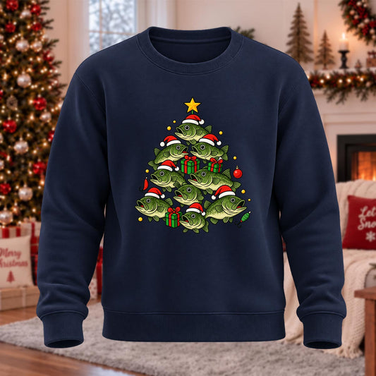 Fishmas Tree Printed Round Neck Sweatshirt