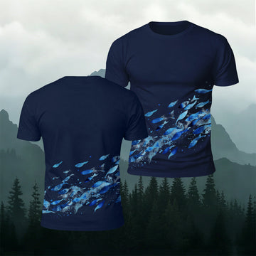 Blue Sardine Print Casual Comfortable T-Shirt
