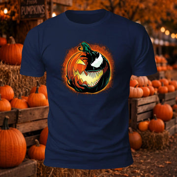 Alien Symbiote & Jack-O'-Lantern Design Printed Short Sleeve T-Shirt