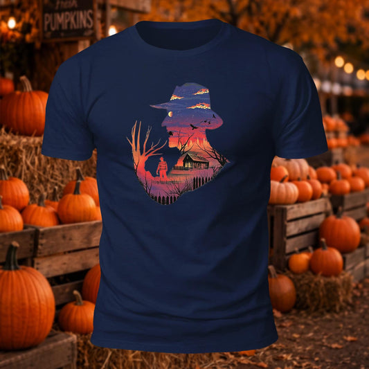 Vintage Freddy Slasher Cabin Sunset Landscape Spooky Printed T-Shirt