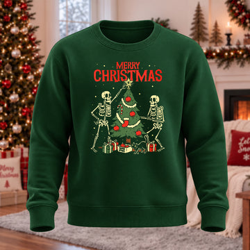 Merry Christmas Skull Printed Round Neck Sweatshirt