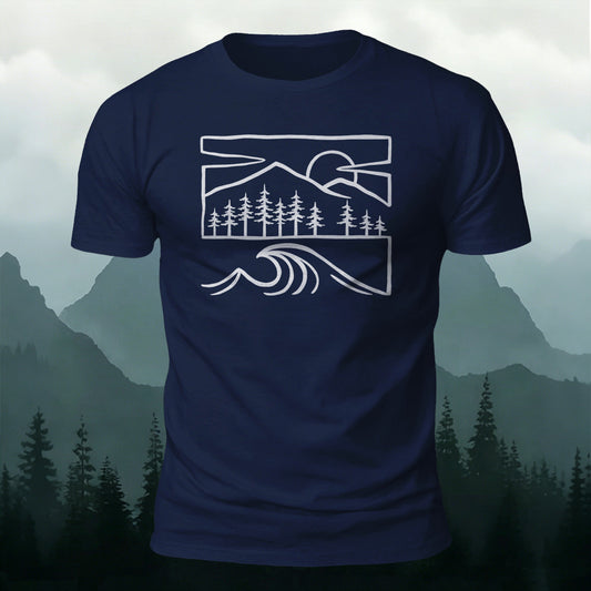 Combed Cotton Mountain & Ocean Wave Nature Graphic Tee
