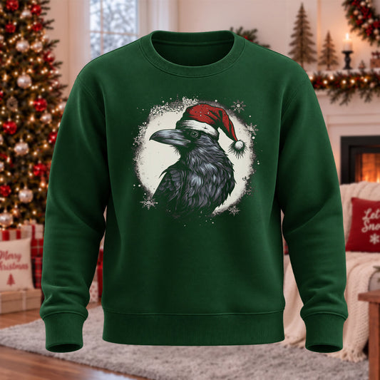 DTG Crow Wears Santa Hat Printed Round Neck Sweatshirt