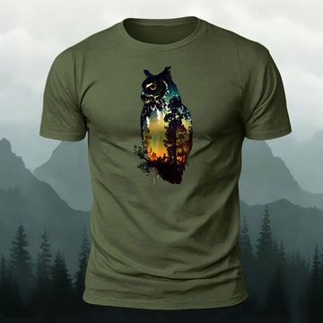 Premium Cotton Wildlife Owl Sunset Forest Art Printed T-Shirt