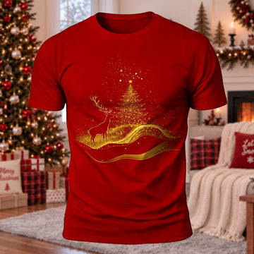 DTG Golden Deer & Christmas Tree Printed Short Sleeve T-Shirt
