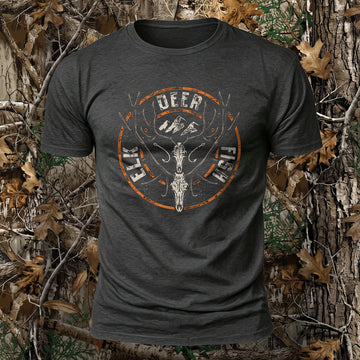 DTG Elk Deer Fish Printed Short Sleeve T-Shirt