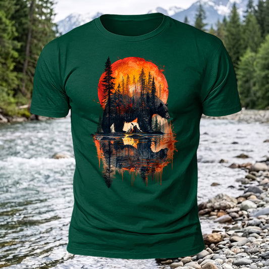 DTG Bear Forest Sunset Printed Short Sleeve T-Shirt