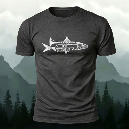 DTG Fish Trumpet Print Casual T‑Shirt