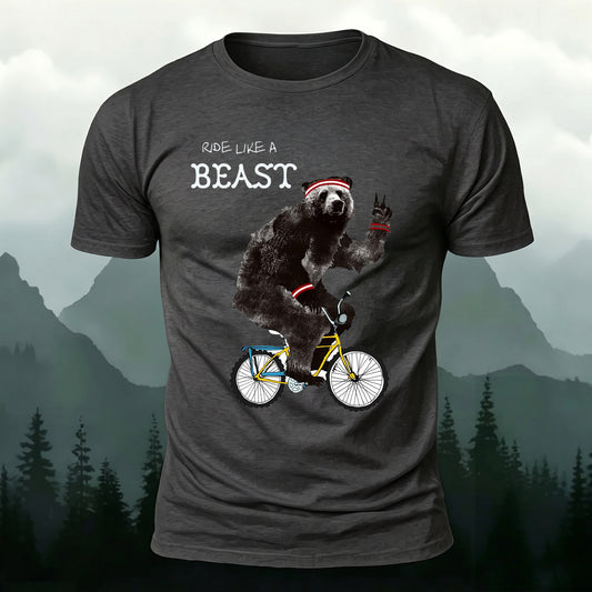 Soft Cotton Black Bear Cycling Print Crew Neck T-Shirt