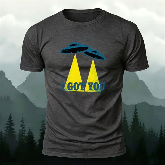 Soft Cotton Alien Spaceship Print Round-Neck T-Shirt