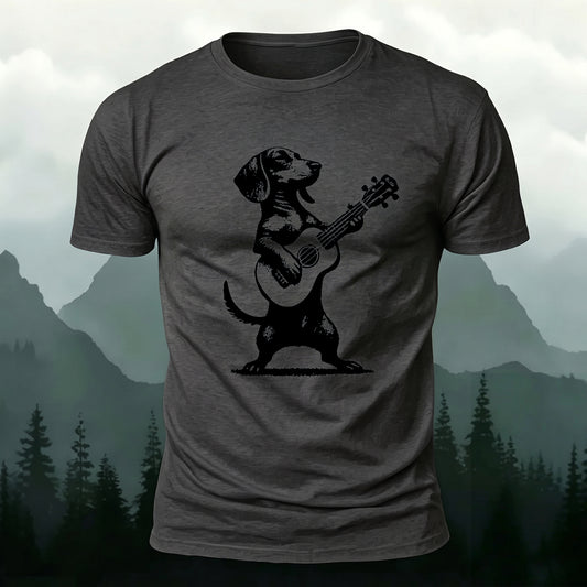 Combed Cotton Puppy Guitarist Print Crew Neck T-Shirt
