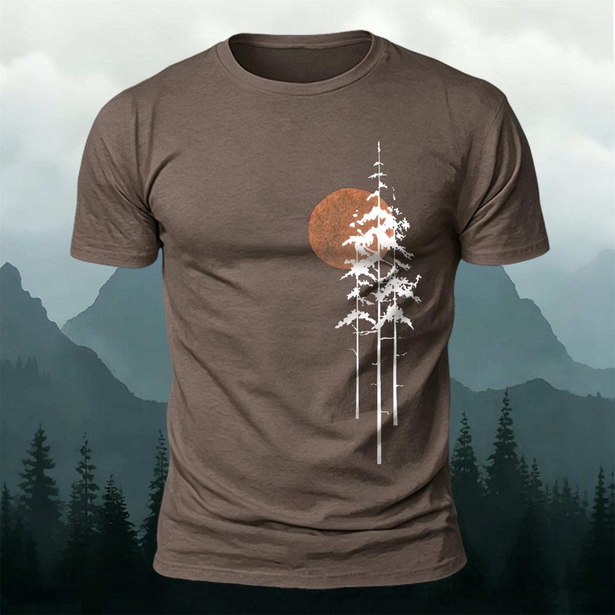 Retro Sunset Pine Tree Print Cotton T-Shirt CO