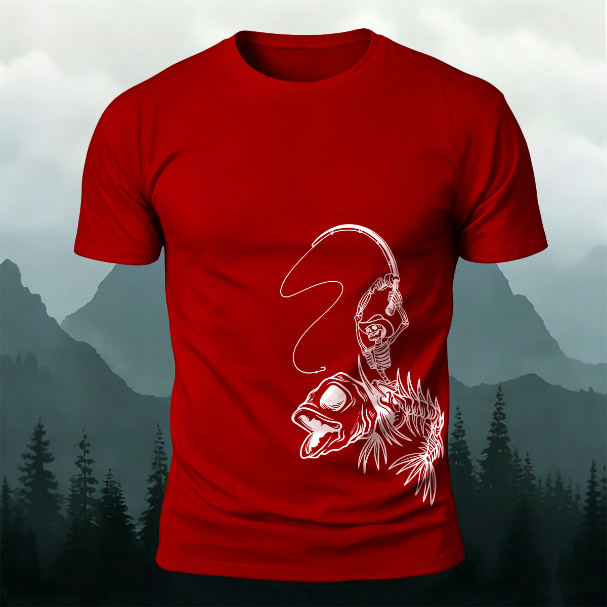 Fishbone Fishing Series Printed Round-Neck Cotton T-Shirt