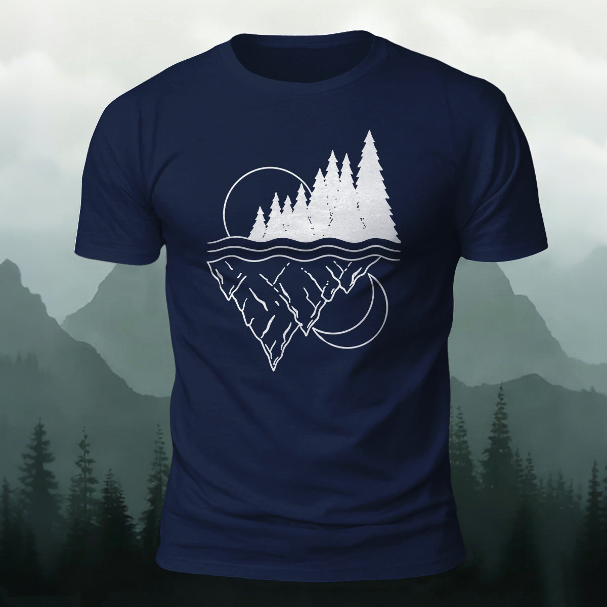 Line-drawn Landscape Pattern Soft-touch Feel T-Shirt Navy