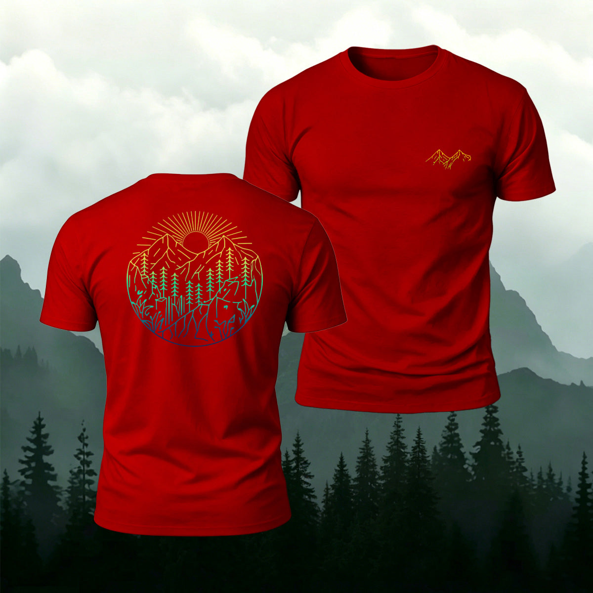 Minimalist Forest Pattern Natural Breathable Material Tee Red