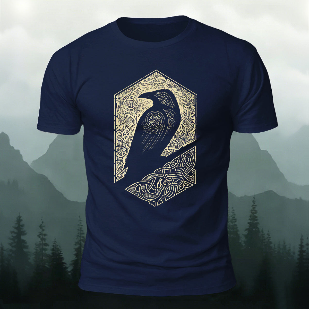 Bird Pattern Mountain-Style Comfortable Casual T-Shirt Navy