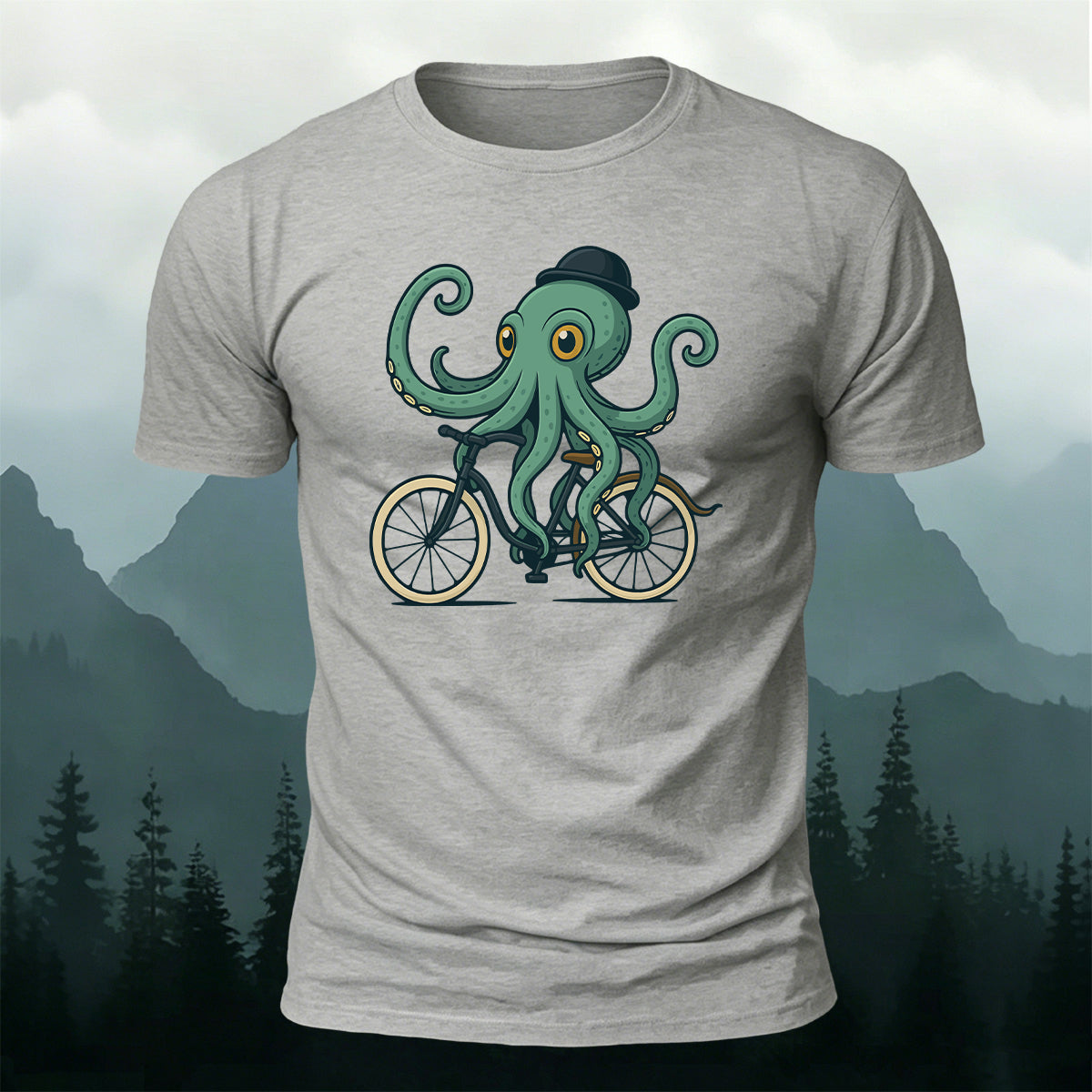 Green Fisherman's Cap Octopus Cycling Print Cotton T-Shirt