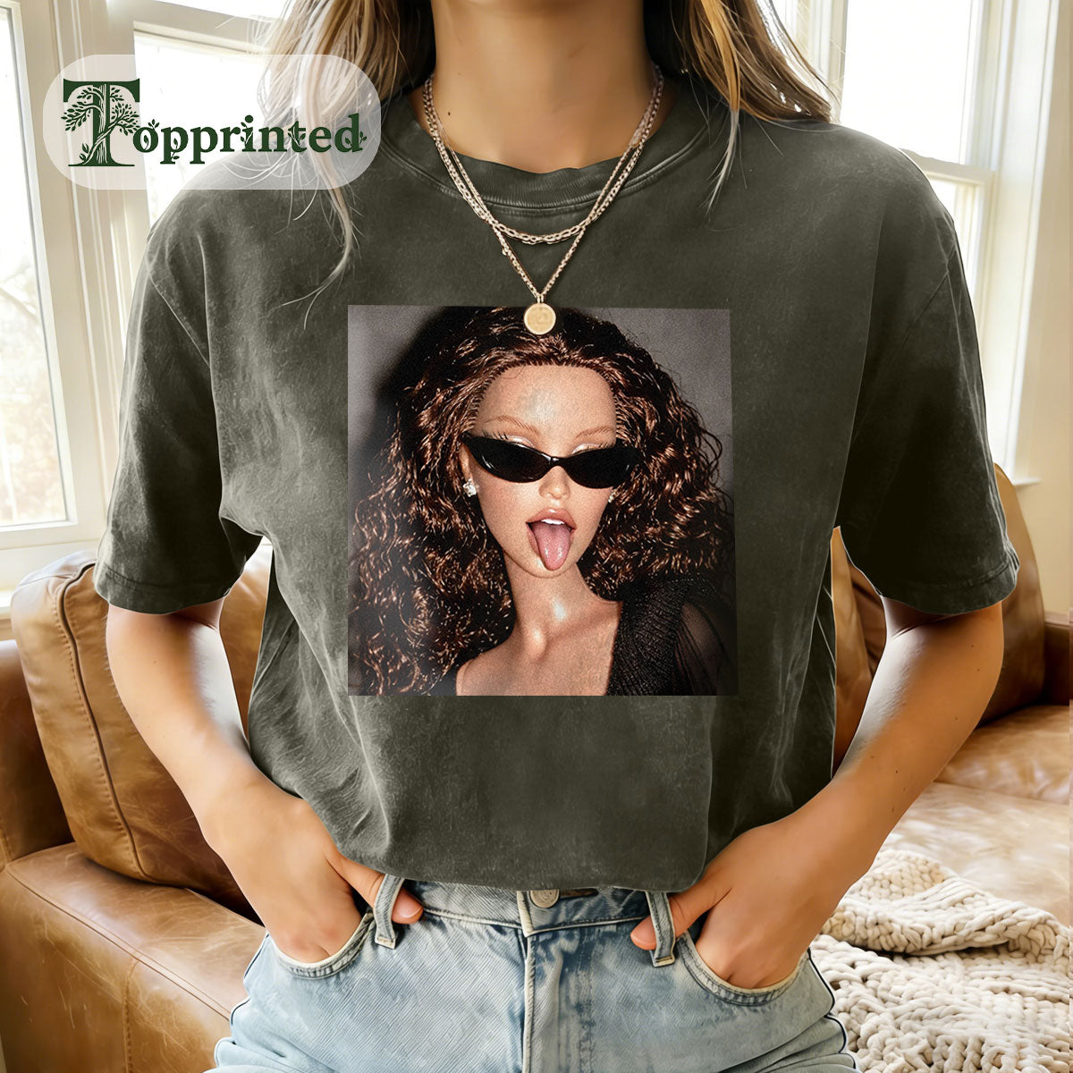MEME Tongue Out Print Washed Cotton Crew Neck T-Shirt