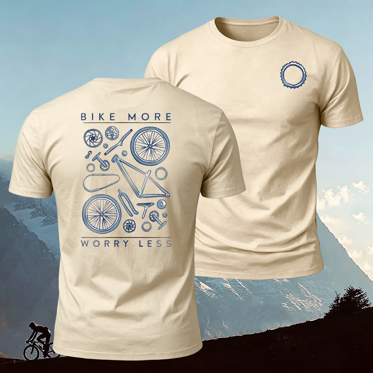 Bicycle Parts Print 100% Cotton Casual T-Shirt Beige