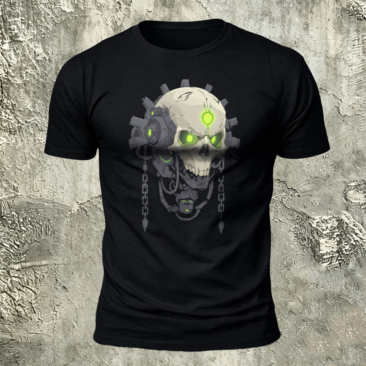 Mechanical Skull Print Cotton Crew Neck T-Shirt