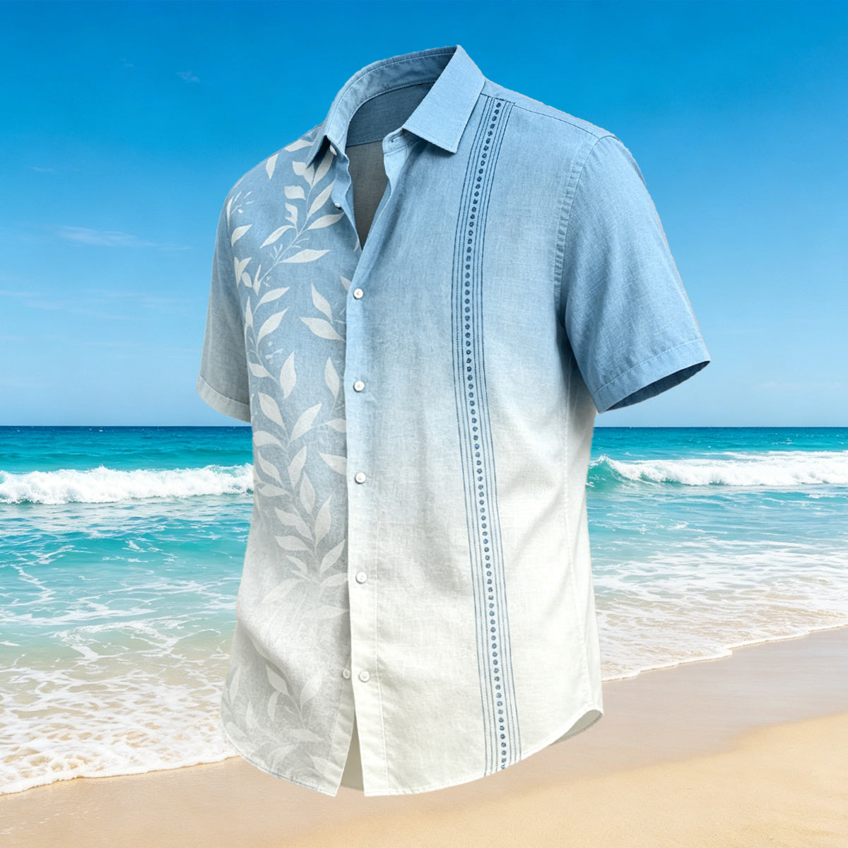 Gradient Blue Leaf Pattern Vacation Casual Shirt