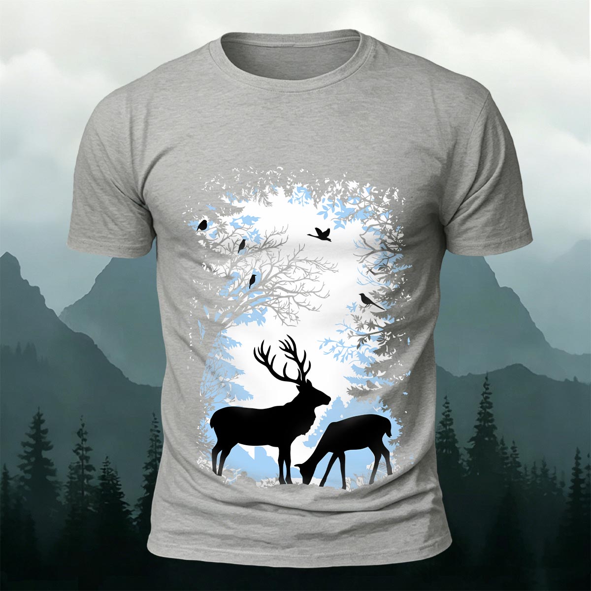 Forest and Deer Silhouette Print Crew-Neck T-Shirt