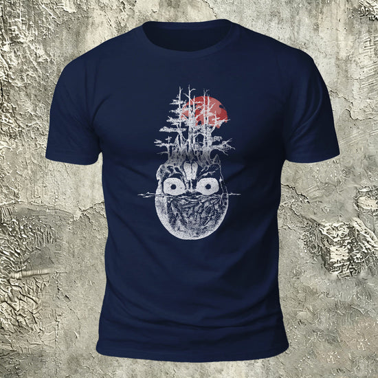 Withered Forest Skull Print Cotton Crew Neck T-Shirt Navy