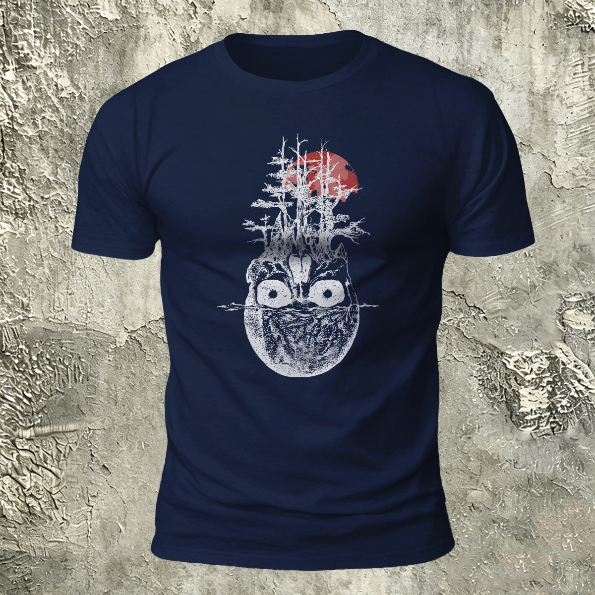 Withered Forest Skull Print Cotton Crew Neck T-Shirt Navy