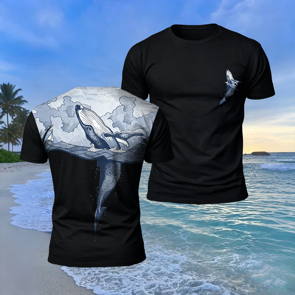 Ocean Whale Back Print Casual Cotton T-Shirt Black