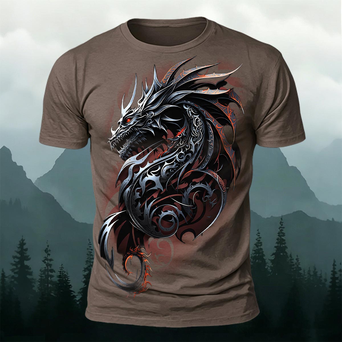 Dark Totem Dragon Print Casual Crew Neck T-Shirt