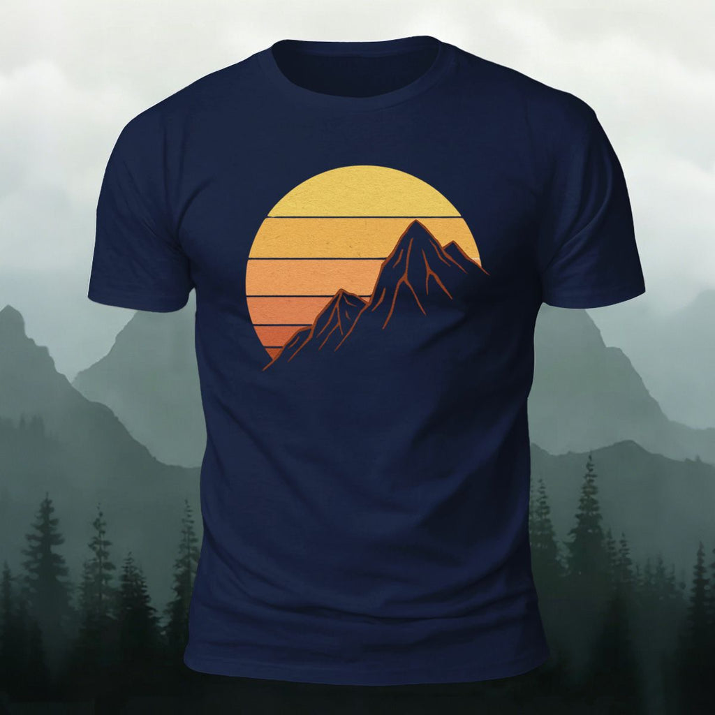 Sunlit Golden Mountain Print Casual Combed Cotton T-Shirt Navy