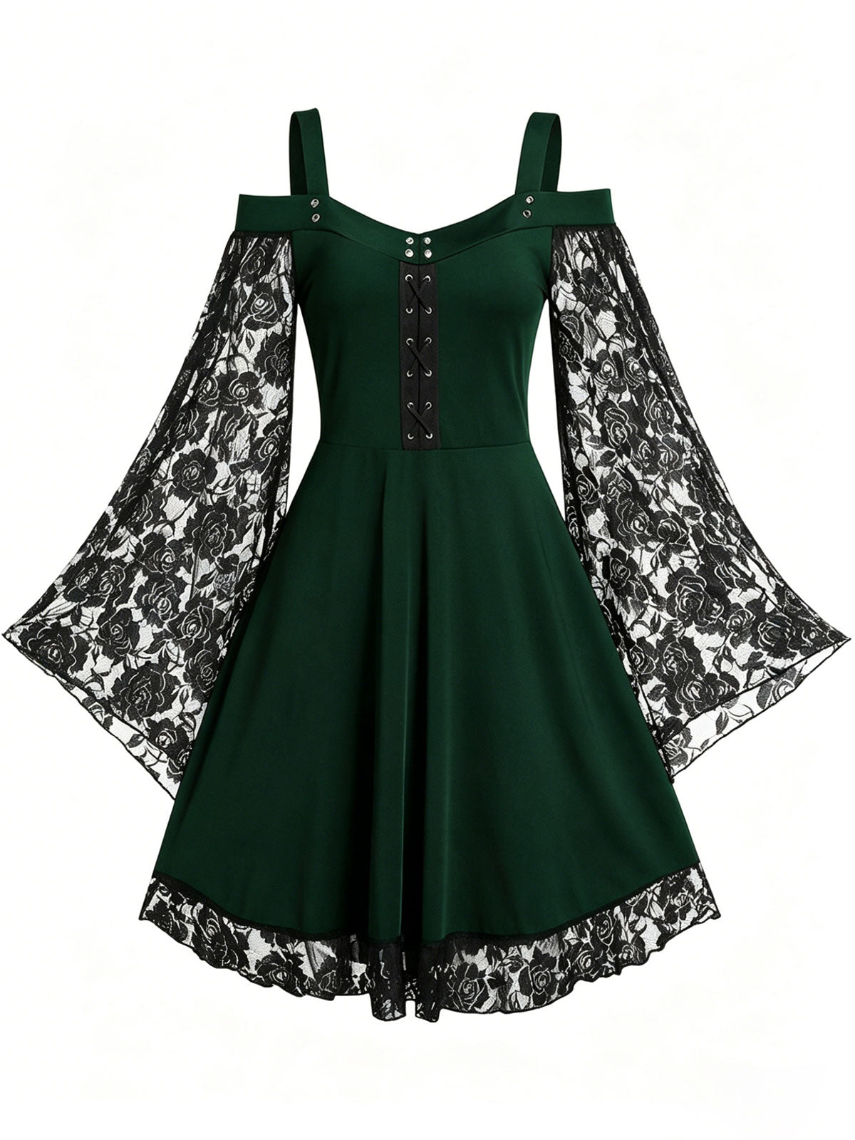 Mock Neck Bell-Sleeve Lace-Paneled Boho-Chic Retro Dress