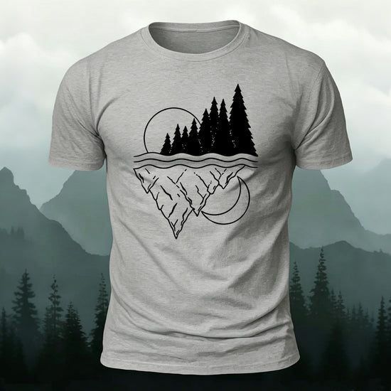 Line-drawn Landscape Pattern Soft-touch Feel T-Shirt Grey