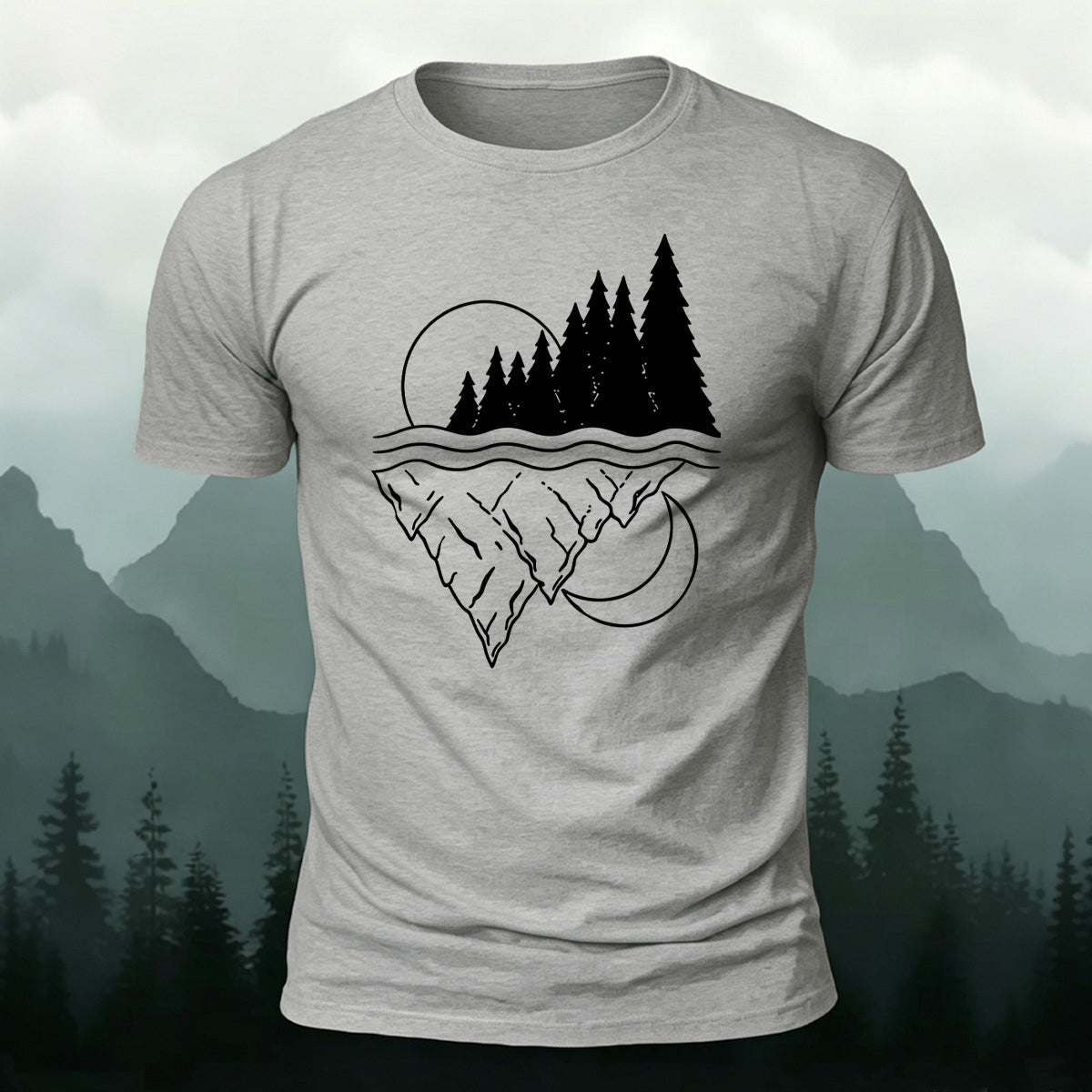 Line-drawn Landscape Pattern Soft-touch Feel T-Shirt Grey