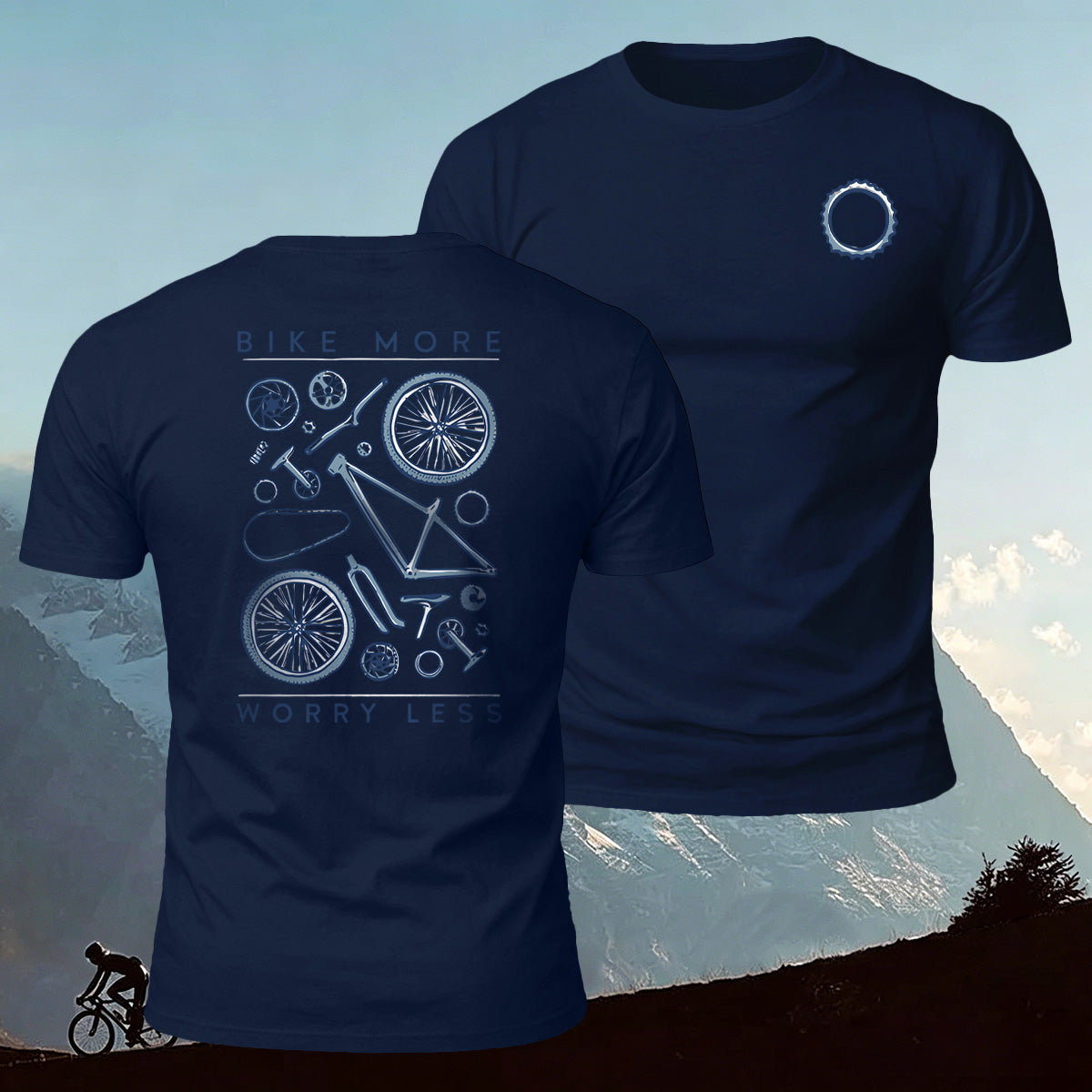 Bicycle Parts Print 100% Cotton Casual T-Shirt Navy