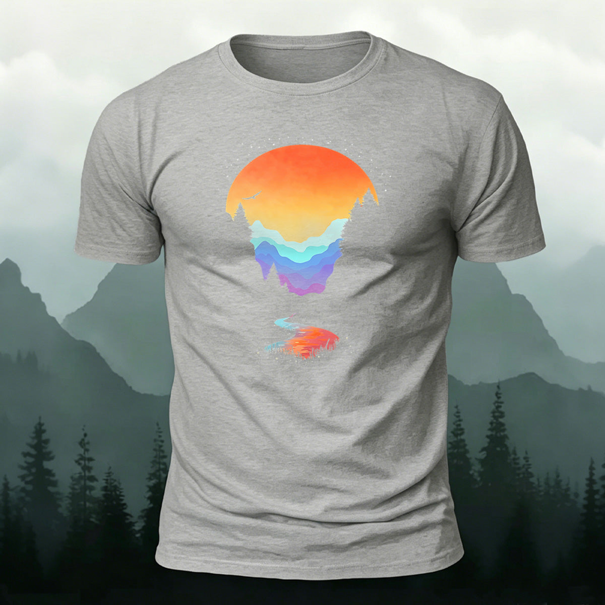 Sunset Scenery Printed Natural Style Skin-friendly T-Shirt Grey