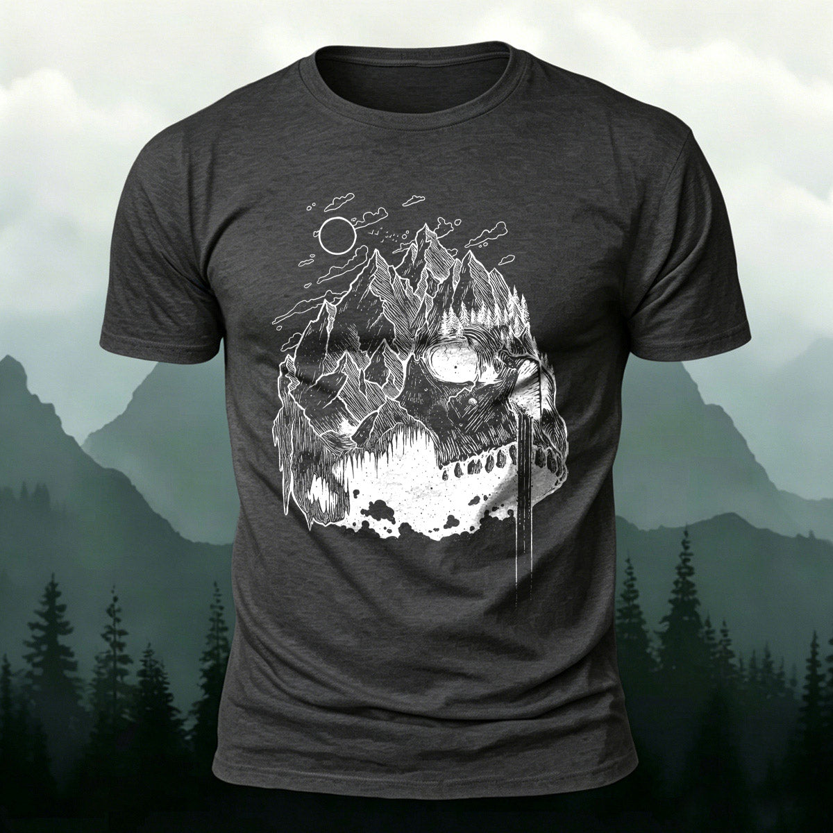 Creative Mountain-Shaped Skull Skin-Friendly T-Shirt Dark Grey