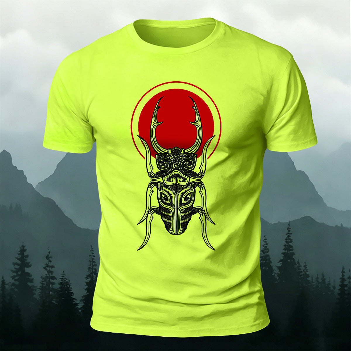 Retro Sketched Beetle Print Outdoor Comfort Cotton T-Shirt