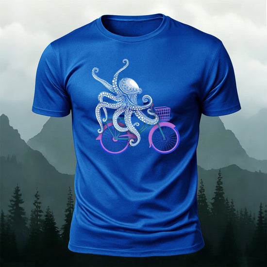Octopus Cycling Fun Print Cotton Casual T-Shirt Blue