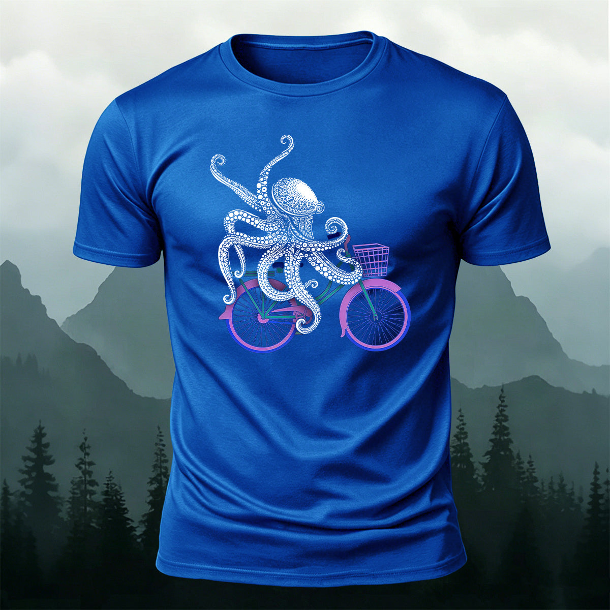 Octopus Cycling Fun Print Cotton Casual T-Shirt Blue