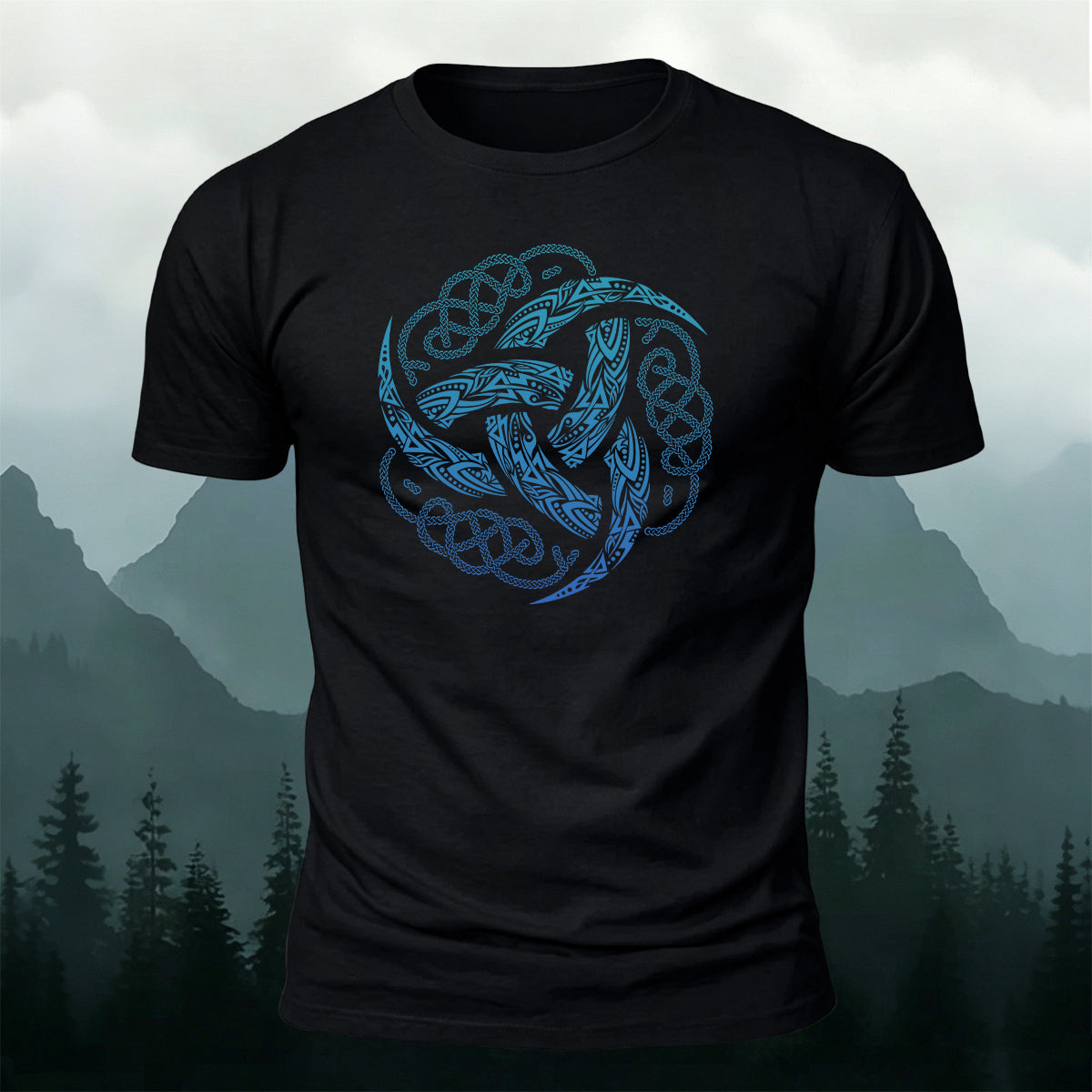 Viking Mythology Totem Print Casual Cotton T-Shirt Black