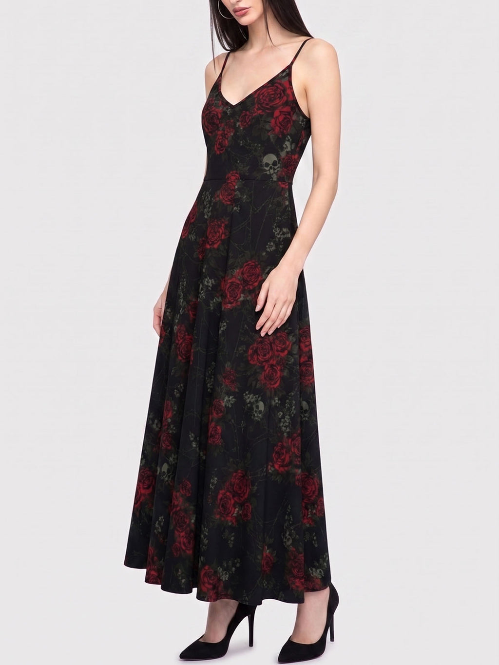 Trendy Retro Red Rose Skull Print Maxi Dress