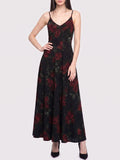 Trendy Retro Red Rose Skull Print Maxi Dress