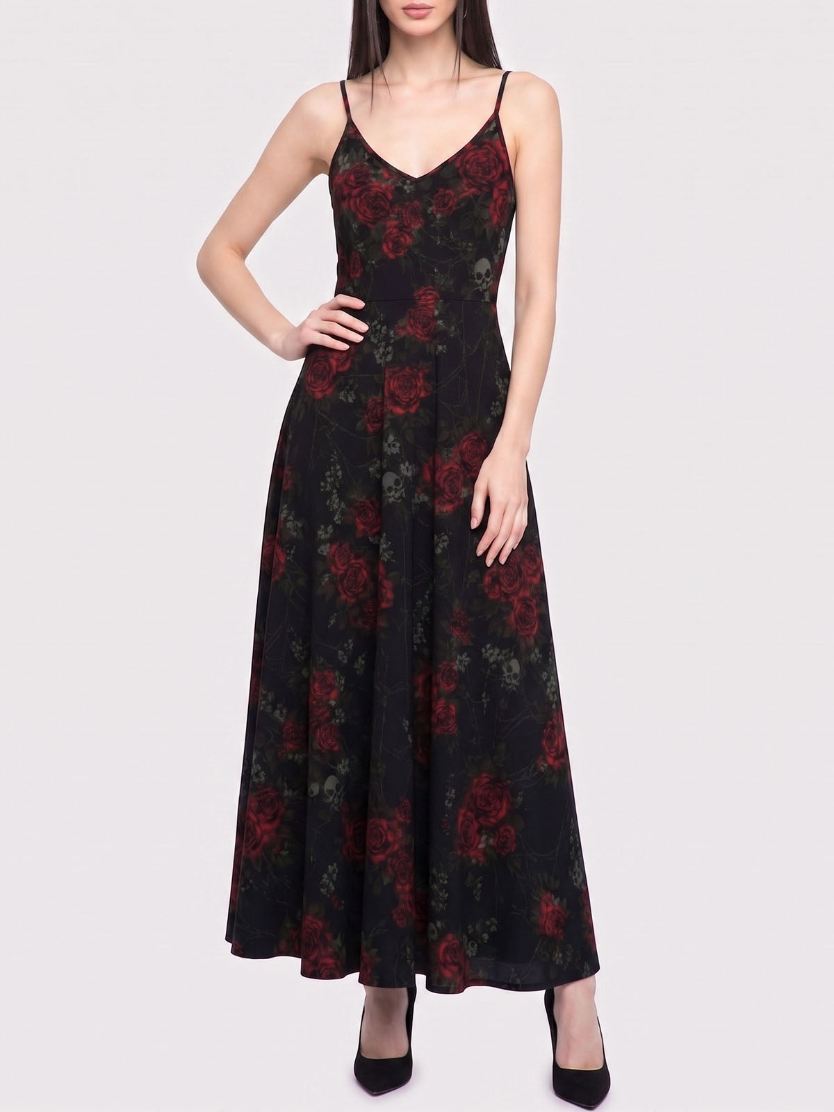 Trendy Retro Red Rose Skull Print Maxi Dress