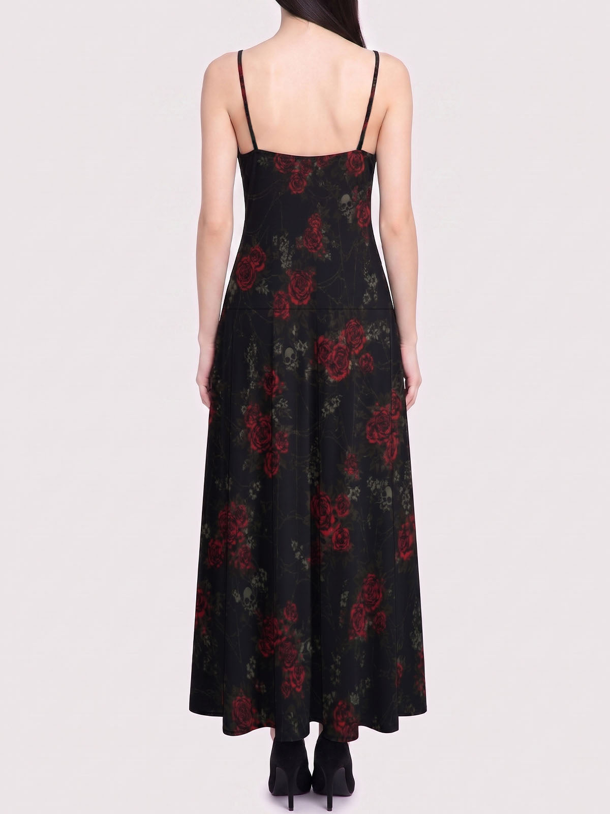 Trendy Retro Red Rose Skull Print Maxi Dress