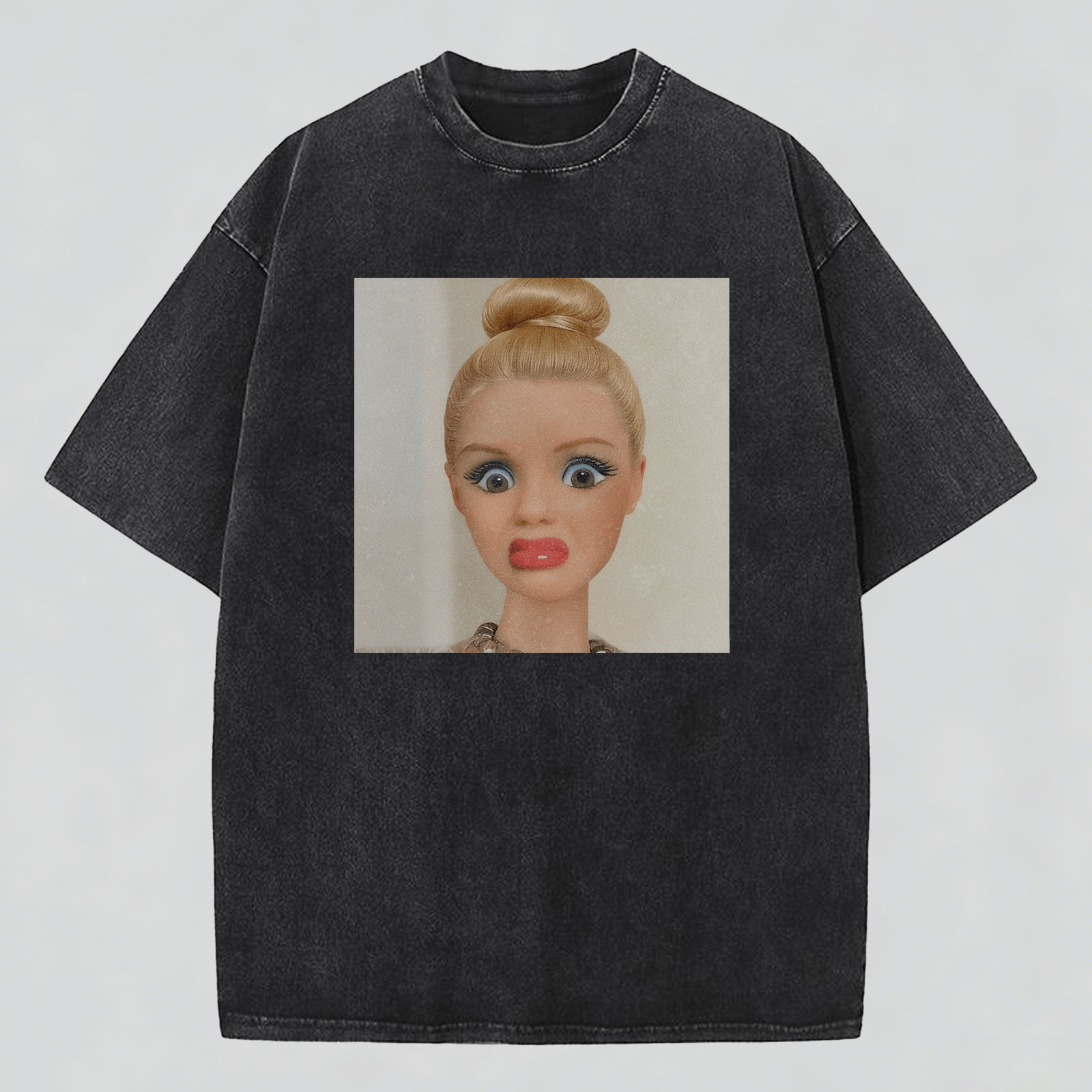 Shocked Expression Print Washed Cotton T-Shirt