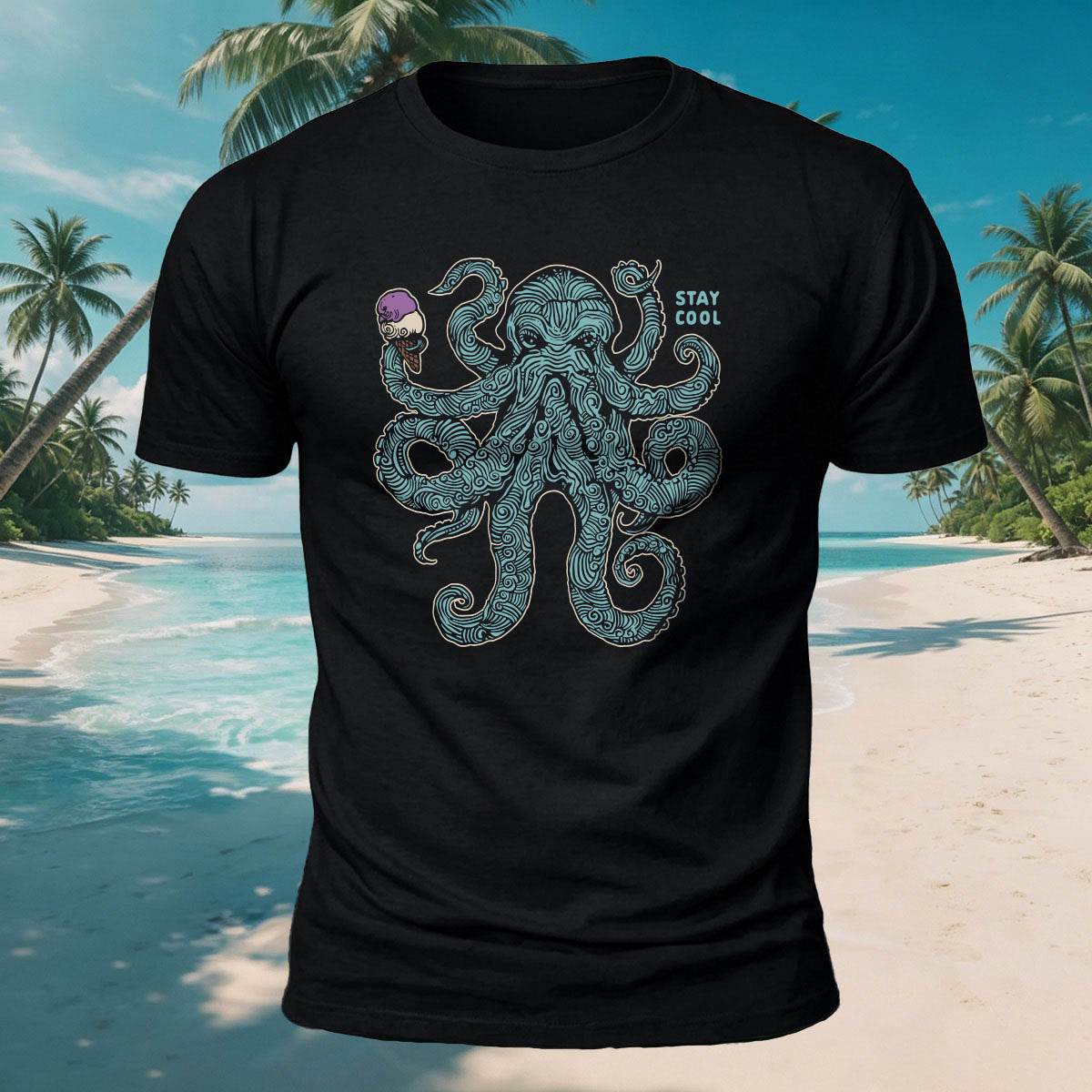 Octopus Eating Ice Cream Print Versatile Breathable Cotton Tee