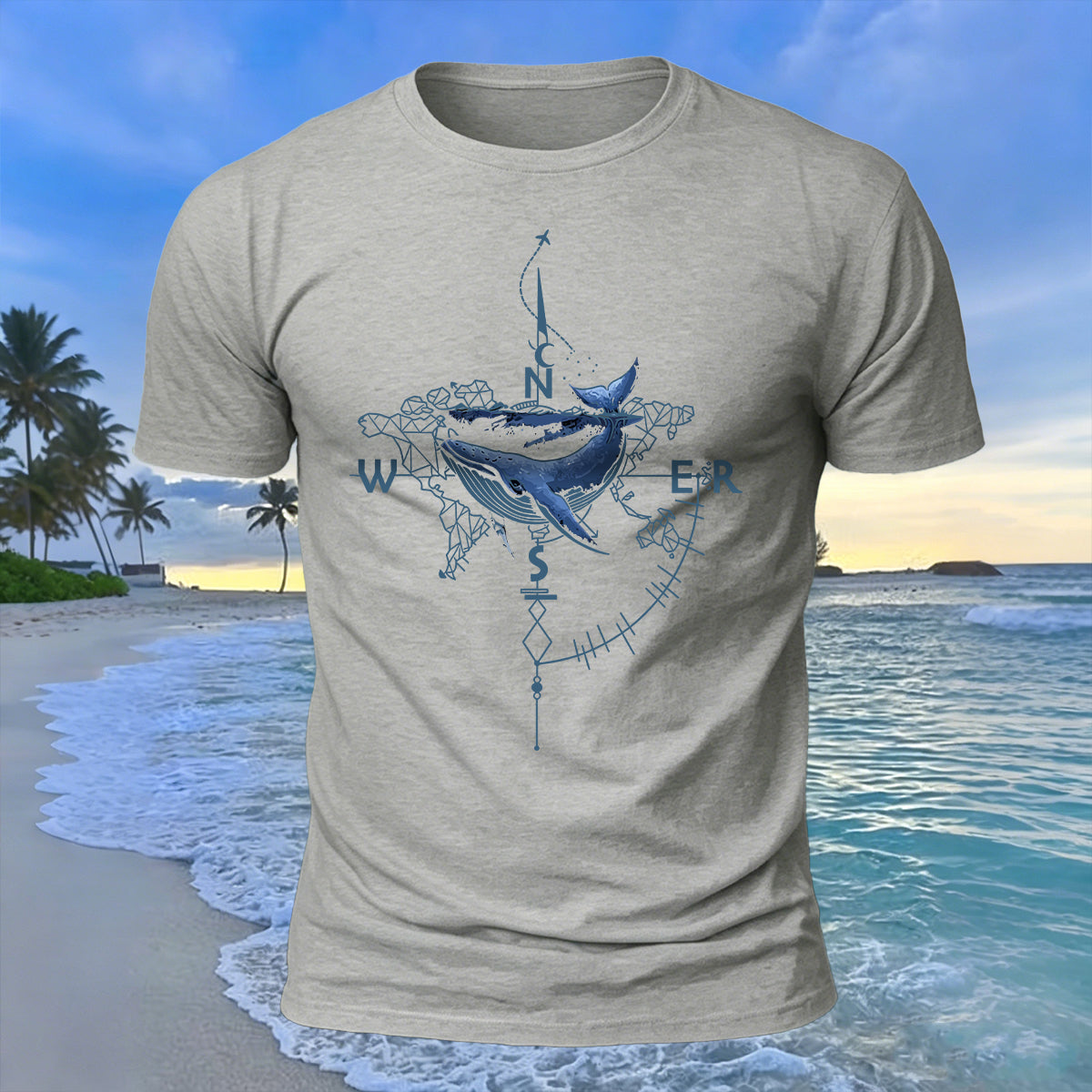 Creative Whale Compass Print 100% Cotton Soft-Touch T-Shirt