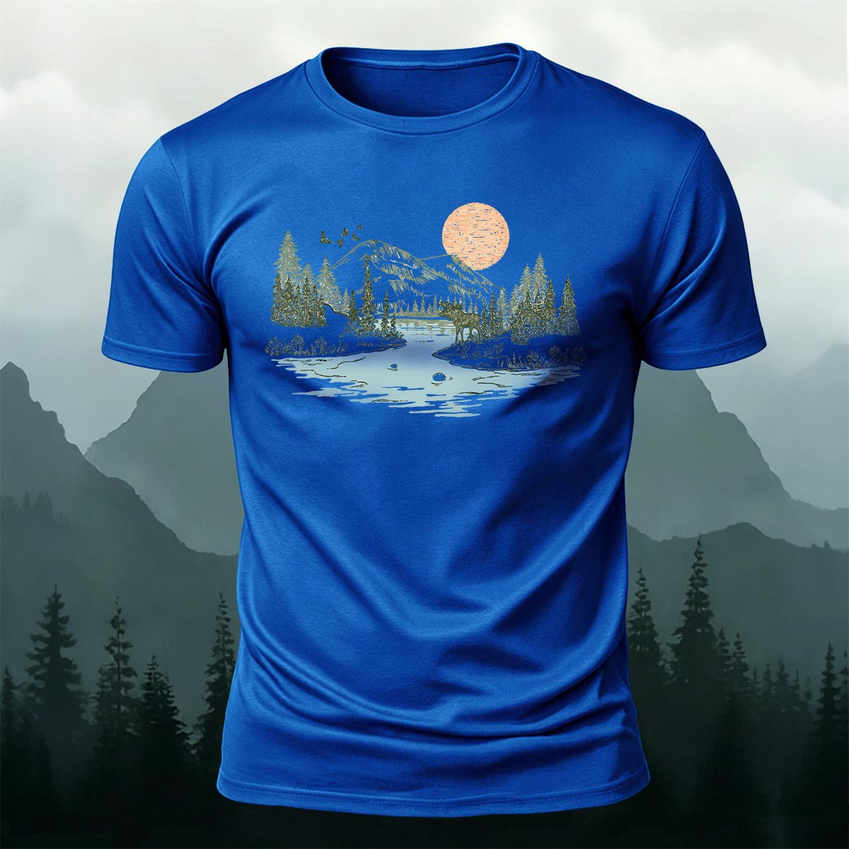 Sunrise Mountain Scenery Illustration Print Casual Cotton T-Shirt