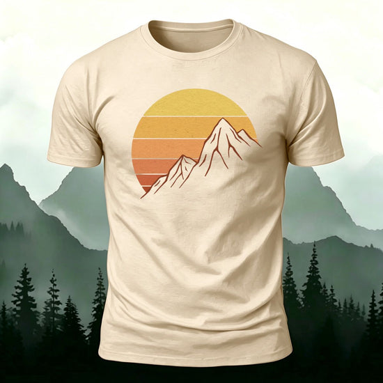 Sunlit Golden Mountain Print Casual Combed Cotton T-Shirt Beige
